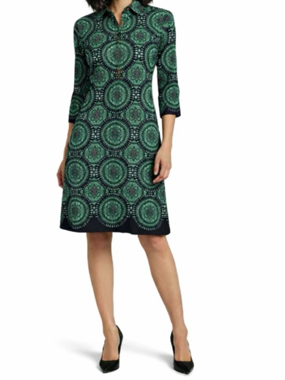 The Limited Green Navy Medallion Print Collared Shirt Dress Polyester Large